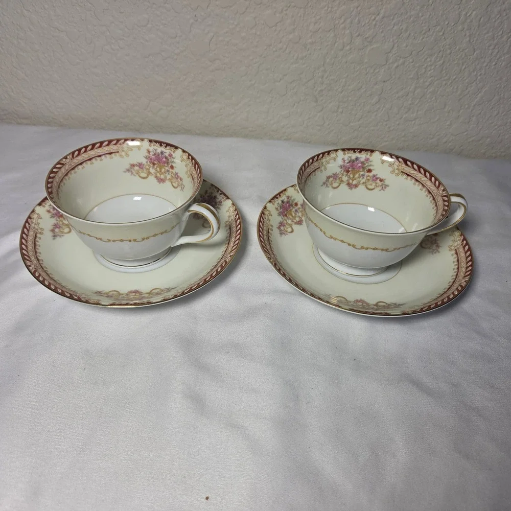 Noritake Tea Cup and Saucer Set of 2 Maroon Gold Floral Bone China Japan